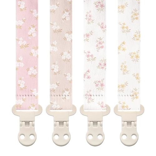 Stadela Baby Fabric Pacifier Clip Holder, Plastic Clip, 4‑Pack, Wildflower Pattern, Heather Set