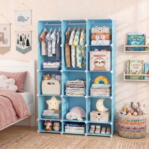 Costway 13-Cube Modular Baby Wardrobe Closet with Hanging Rods & Open Shelves for Clothes Blue