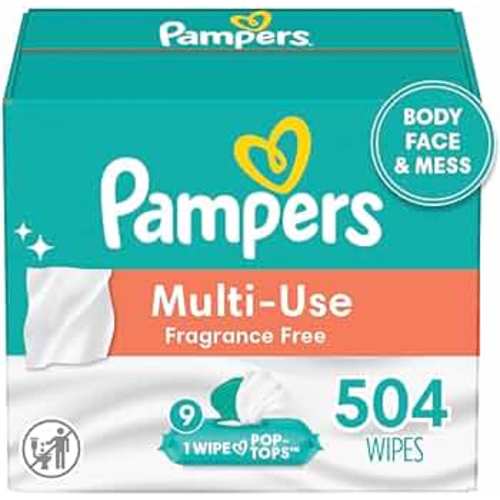 Pampers Multi Use Baby Wipes, Fragrance Free, Body, Face & Mess Unscented Wipes, 9 Flip-Top Packs (504 Wipes Total)