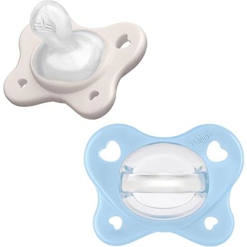 Chicco PhysioForma Dual Soft Orthodontic Pacifier for Babies 2-6 Months, 100% Soft Silicone, Supports Breathing, One-Piece Design, Included Sterilizing Case, BPA Free, 2-Pack, Pearl/Sky