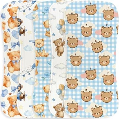 5Pcs Baby Burp Cloths for Baby Boys Girls with Blue Bear Theme Design, Soft and Absorbent Cotton Baby Burping Cloths for Newborns Gifts Nursery Decor 9.8X19.6 Inches