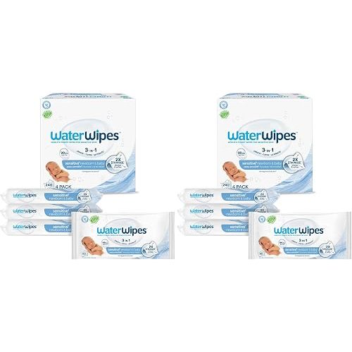 WaterWipes Plastic-Free Original Baby Wipes, 99.9% Water Based Wipes, Unscented & Hypoallergenic for Sensitive Skin, 240 Count (8 packs), Packaging May Vary