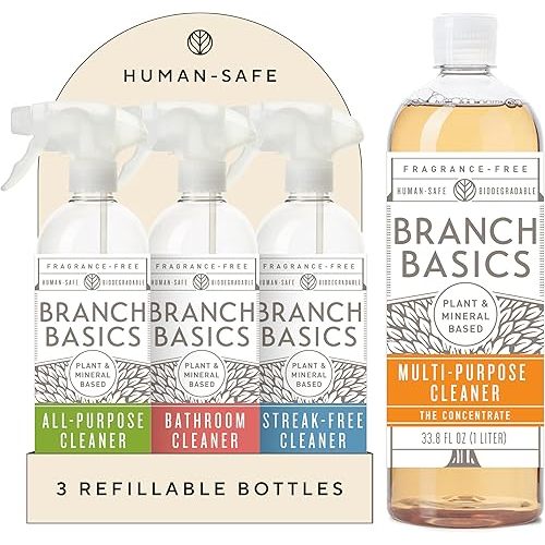 Branch Basics Cleaning Essentials Kit: All Purpose, Glass and Bathroom Cleaner - Concentrate (33.8 Oz) (17 Refills) + Refillable Plastic Spray Bottles (24 Oz) Plant Based, Human-Safe, & Fragrance Free