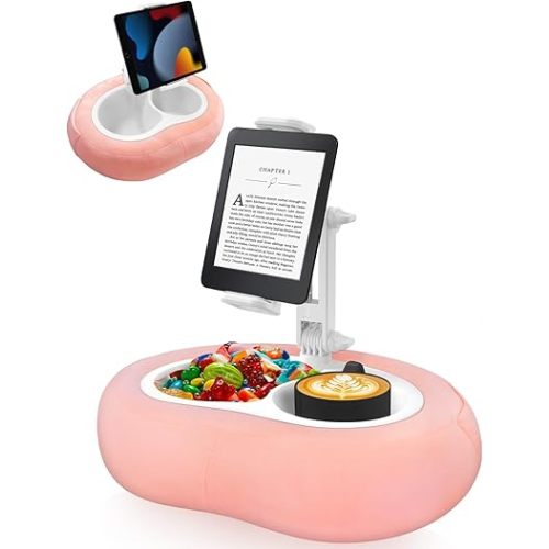 Tablet Pillow Stand, Compatible with 5"-12.9" Kindle, iPad, Phone/Tablet, Google, Samsung, 360° Rotating Phone Holder for Bed, Soft Plush Fabric, Detachable Bowl, Reading and Relaxation on Bed, Pink