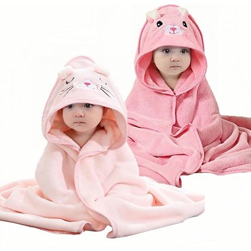 2 Pack Hooded Baby Towels, Premium Soft Bath Towel for Babies, Newborn, Infant and Toddler, Ultra Absorbent, Natural Baby Stuff Towel with Hood for Boy and Girl (Rabbit+Cat)