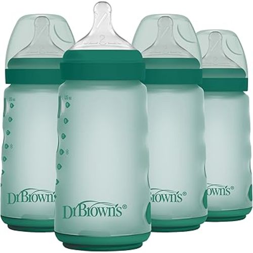 *Blue, green, pink, or white* Dr. Brown's Silicone Baby Bottle, 9 oz with Wide-Neck Level 2 Medium Flow Nipple, 3m+, 4-Pack