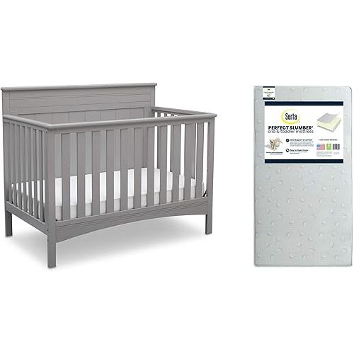 Delta Children Fancy 4-in-1 Crib, Grey + Serta Perfect Slumber Dual Sided Recycled Fiber Core Crib and Toddler Mattress (Bundle)