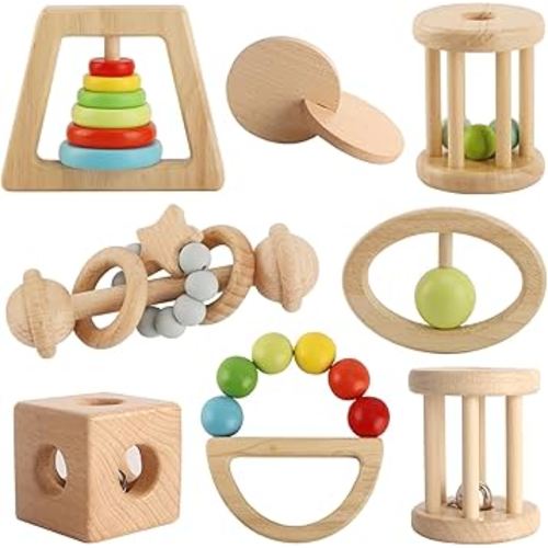 Wooden Baby Rattle, 8PCS Wooden Baby Toys for 7-24 Months Babies, Wooden Montessori Grasp Toy, Natural Beech Wood Baby Grip Toy, Wooden Rattles Toy for Infant Grasping (Colorful)