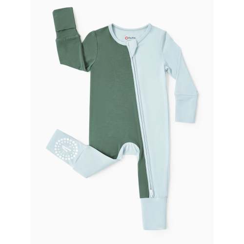 Bamboo Baby Boy / Girl Color Block 2-Way Zipper Anti Slip Long Sleeve Rompers Green