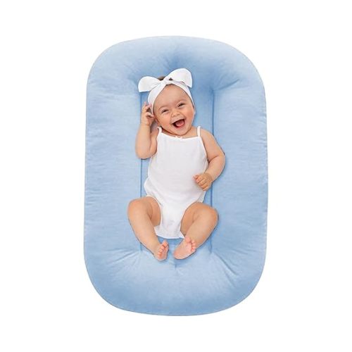 Baby Lounger 0-18 Months, Baby Lounger for Newborn, Soft Organic Cotton Breathable Lounger for Infants (Blue Baby Lounger)