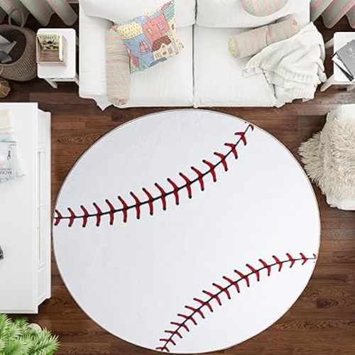 Soft Round Rugs for Bedroom, Baseball Rug for Boys, Bedside Area Kids Carpet, Baseballs Lovers Home Decor Indoor Circle Carpets for Living Room, Nursery, Dorms Machine Washable,47 Inch