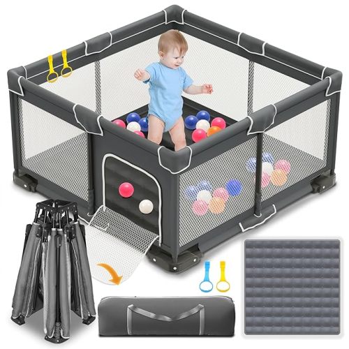 Foldable Playpen for Babies and Toddlers, 50x50 Inches Portable Playpen, Kids Collapsible Play Pen with 2 Handlers, Indoor & Outdoor Baby Fence Play Area with Visible Mesh, Dark Gray
