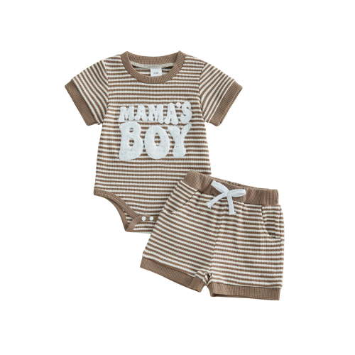 BemeyourBBs Infant Baby Boy Mama's Boy Outfit Newborn Boys Summer Clothes Waffle Knit Stripe Letter Embroidery Short Sleeve Romper Elastic Waist Shorts 2 Piece Set