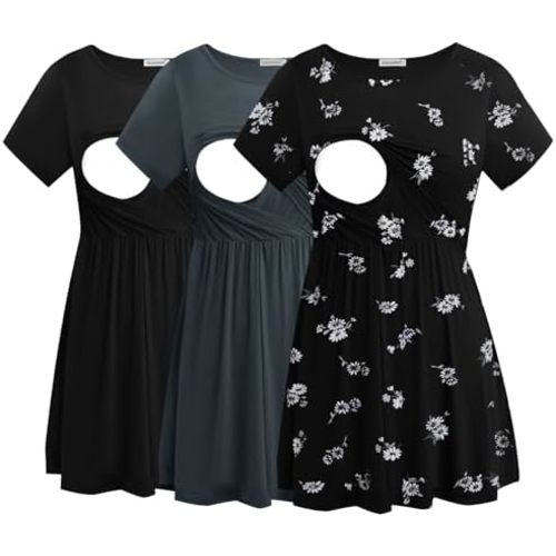 Smallshow Women's Maternity Nursing Tops 3 Pack Short Sleeve Breastfeeding Shirt