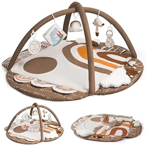 Baby Gym Play Mat, Tummy Time Mat & Pillow, Stage-Based 4 Zone Sensory & Motor Skills Development, Activity Mat with Learning Cards, Washable & Non-Slip, Play Mat for Baby to Toddler, Brown Rainbow