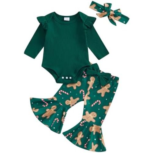 Kaipiclos Newborn Baby Girl Christmas Outfit Solid Color Long Sleeve Romper Cute Print Flare Pants Headband 3PC Fall Clothes