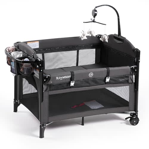 Baby Bassinets Bedside Sleeper, 4 in 1 Portable Bedside Crib w/Mattress, Diaper Changer, Storage Basket, Music Box, Carry Bag, Foldable Playard Sleeper for Newborn (Black)