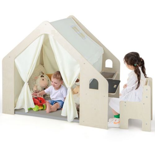 Costway 6-in-1 Kids Playhouse Wooden Indoor Play Tent w/ Blackboard, Desk Table, Chair