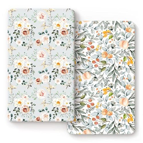 GRSSDER Stretchy Crib Sheets for Baby Girls, Ultra Soft Jersey Knit Fitted Crib Sheets 2 Pack, Universal Fits Most Toddler Crib Mattress Pads Safe and Snug, Stylish Flora Print
