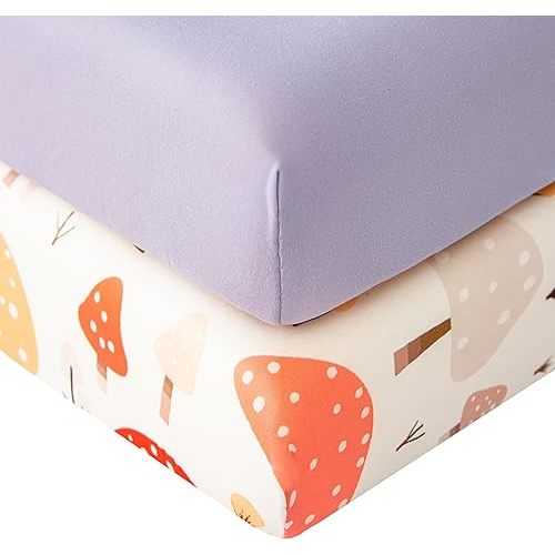 SDIII Mushroom Pack N Play Sheets Fitted 2 Pack Stretchy Microfiber Jersey Knit Purple Mini Crib Sheet for Mattress 38x26 Soft Toddler Playard Bedding