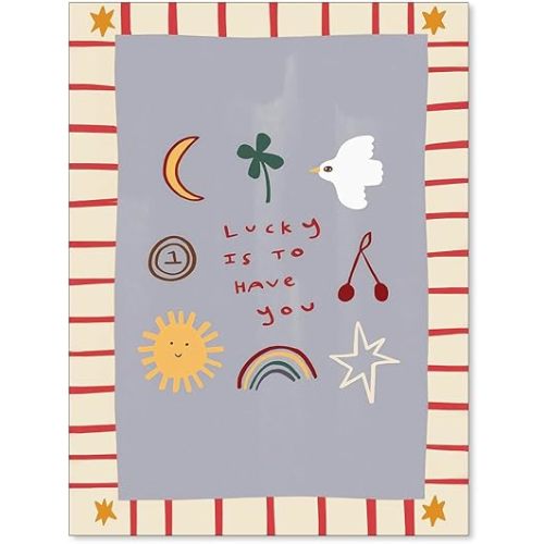 WOFUPMY Boho Kids Wall Art Colorful Cute Bird Sun Painting Posters Positive Affirmations Wall Decor Lucky Is To Have You Canvas Prints for Playroom Nursery Baby Room 12x16 inch Unframed