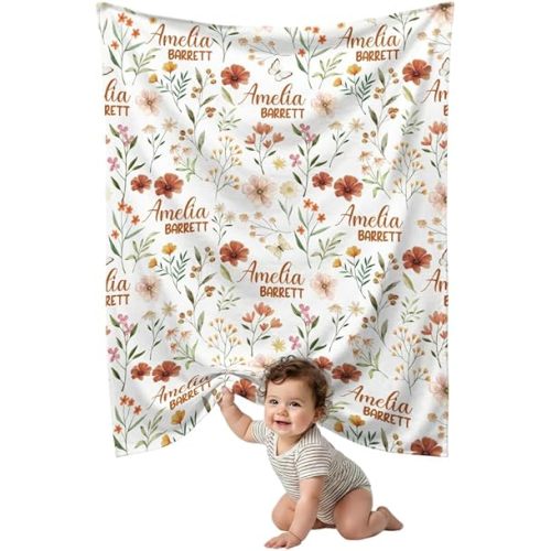 Personalized Baby Blanket for Girls, Flower Baby Blankets for Daughter Granddaughter, Custom Name Super Soft Fleece Blanket for Newborn Infant, Lightweight Bed Throw Nursery Blanket