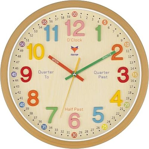 Foxtop 12 Inch Kids Wall Clock, Silent Analog Learning Clock, 3D Numerals