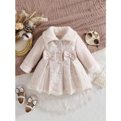 Baby Girl Winter Coat with Furry Collar | 3D Bow Floral Mesh A-Line Coat
