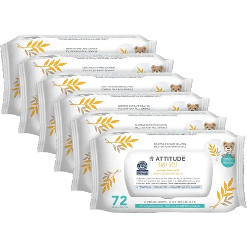 ATTITUDE Baby Wipes Unscented, For Sensitive Skin with Oat, Natural origin, Dermatollogically tested, For Babies, Toddlers & Kids, Revitalizing Chamomile Extract, EWG Verified, 72 Count (Pack of 6)