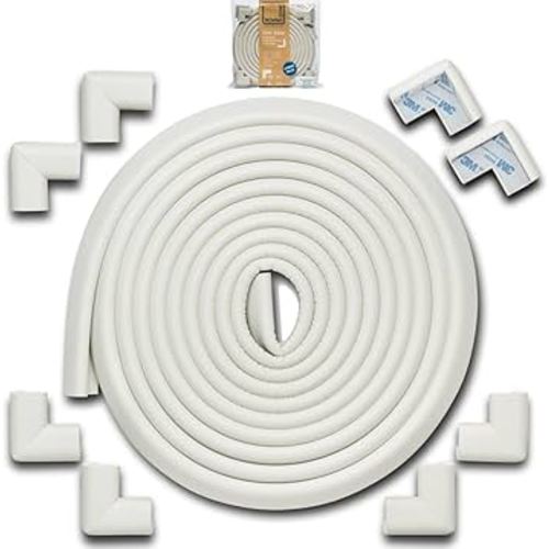 Roving Cove HeftyFit Edge Corner Protector Baby Proofing (Large 18ft Edge 8 Corners), Heavy-Duty, Soft NBR Rubber Foam, Furniture Fireplace Safety Bumper Guard, 3M Adhesive, Oyster White (Off White)