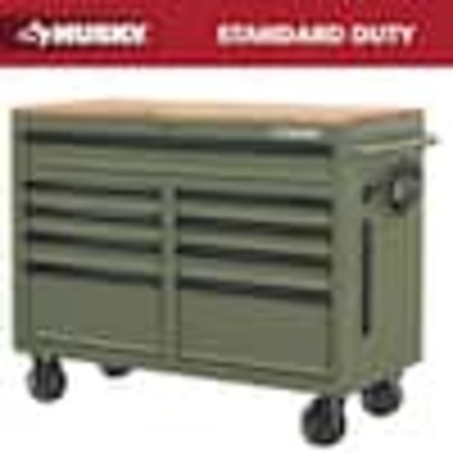 Husky 46 in. W x 18.1 in. D 9-Drawer Army Green Mobile Workbench Cabinet with Solid Wood Top