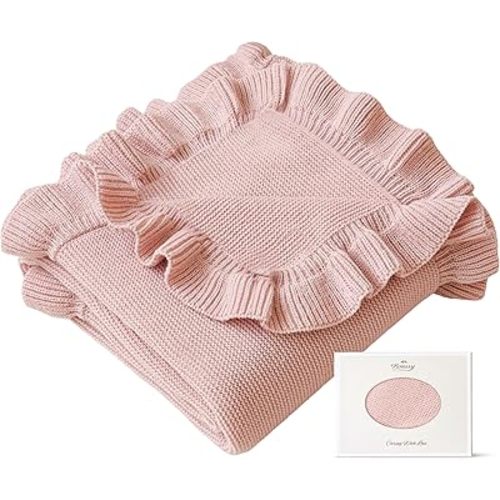 Konssy Knit Baby Blanket with Ruffle Edge, Ultra-Soft Receiving Baby Blankets for Girl, Boy, Nursery Swaddle Wrap for Newborns, Boho Stroller Cover & Registry Gift (Pink)