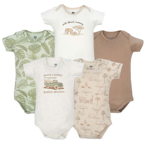 Hudson Baby Infant Boys Cotton Bodysuits 5-Pack, Beige Safari, Newborn