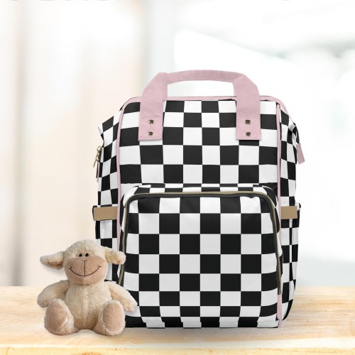 Checkered Baby Girl Diaper Backpack Bag Pink Black Checkerboard Trim Checked Pattern Multi-Purpose Newborn Tote Everyday Vacation Travel