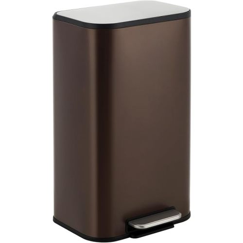8 Gallon Brown Stainless Steel Kitchen Trash Can - Rectangular Foot Pedal Garbage Bin with Soft-Close Lid & Removable Inner Bucket, Suitable for Home, Office, Living Room