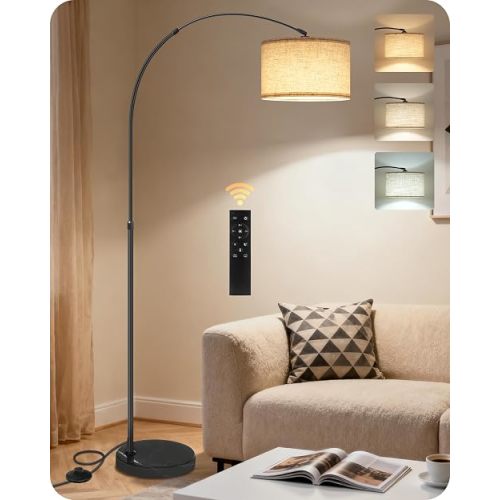 75" Arc Floor Lamp with Marble Base and Adjustable Height, Rotating Hanging Shade, Dimmable Floor Lamp for Living Room with Remote and Foot Switch, 3CCT, Over Couch Arched Reading Light E15LD05