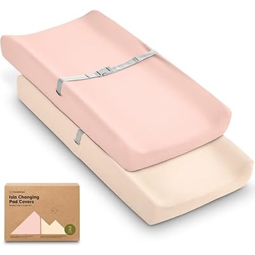 2-Pack Baby Changing Pad Cover for Girl, Boy - 34x18 Soft Viscose Derived from Bamboo Baby Diaper Changing Table Pad Cover Sheets, Neutral, Snug Fit Nursery Diaper Change Sheets (Cameo)