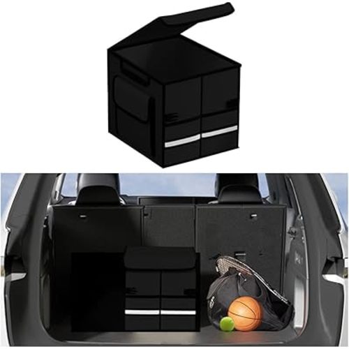 Car Trunk Organizer, Multi-Compartment Collapsible Vehicle Cargo Storage Organizer with Lid, Non Slip Waterproof Storage Box with Reinforced Handles, Universal Automotive Accessories (Black)