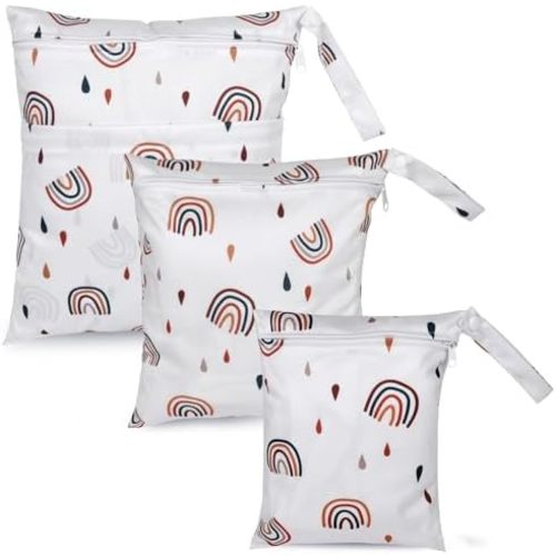 3pcs Cloth Diaper Wet Dry Bags Waterproof Reusable with Two Zippered Pockets Travel Beach Pool Daycare Soiled Baby Items Yoga Gym Bag for Swimsuits or Wet Clothes
