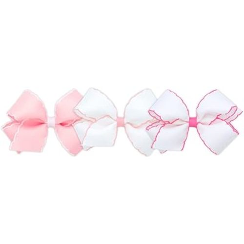 Wee Ones Girls' Medium Moonstitch Grosgrain Bow 3 pc. Variety Pack Set on WeeStay No-Slip Hair Clip