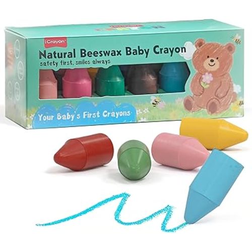 Soy & Beeswax Crayons for Toddlers, 12 Colors Non-Toxic Natural Crayons, Chunky Easy-Grip Design for Little Hands, Unbreakable Baby Art Supplies