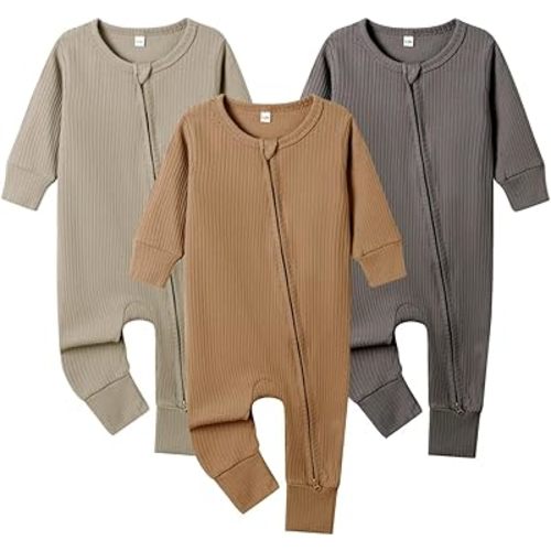 Bafeicao 3 Pack Baby Boy Girl Rompers with Mitten Cuffs, Ribbed Cotton 2 Way Zipper Romper One Piece Jumpsuits Clothes