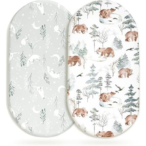 Stretchy Bassinet Mattress Sheets, Ultra Soft Bassinet Sheet 2 Pack, Universal Fitted for Oval Hourglass Rectangular Bassinet Mattress Pad Safe and Snug, Stylish Pattren of Bear and Wolf Print