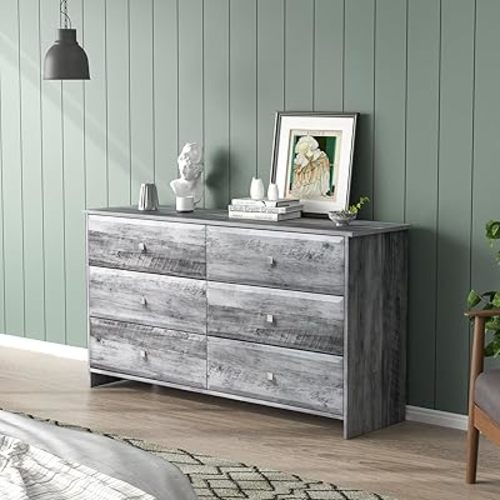 VINGLI Washed Gray Dresser 6 Drawer, 53.9" Long Dresser Wood with Textured Drawer Front, Grey Chest Dressers for Bedroom, Storage Cabinet, Chest of Drawers, Living Room,Hallway,Rustic