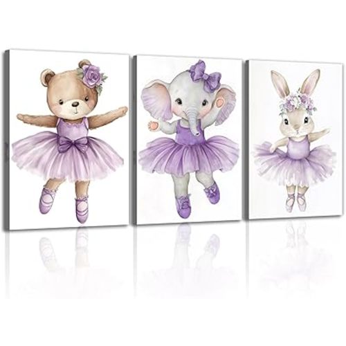 OAAPITI 3 Pcs Purple Ballerina Animals Canvas Wall Art Cute Elephant Bunny Bear Pictures Wall Decor Ballet Animal Poster for Nursery Baby Room Girls Room Bedroom Decoration(Artwork-1,11"x14"x3pcs)