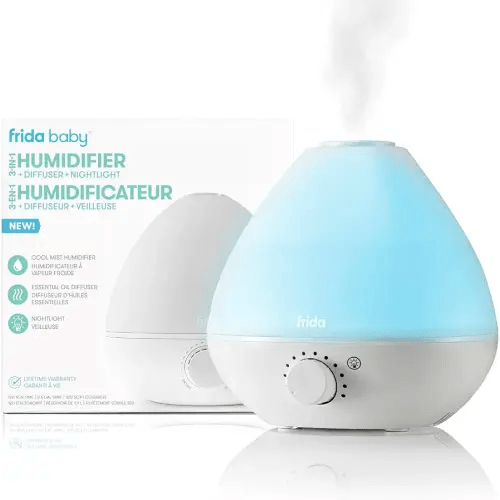 Frida Baby 3-in-1 Cool Mist Humidifier for Large Rooms, Top Fill Humidifier for Bedroom, Allergy Relief, 60 Hour Runtime + Nightlight, Auto Shut-Off, Quiet, Carry Handle, Essential Oil Diffuser