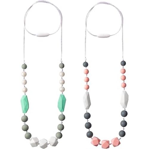 Baby Teething Necklace for Mom - 2PCS Babies Nursing Necklaces for Mom to Wear, Sensory Teether Toy for Kids Adults Toddlers, Teethers Jewelry for Baby Shower Birthday Gift (Pink White, Green)