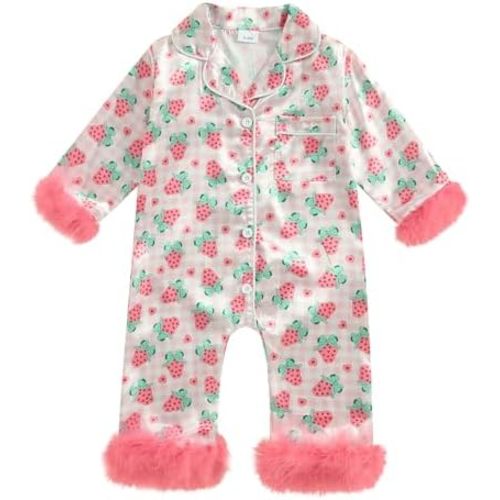 woshilaocai Baby Girl Button Down Romper Bow Strawberry Fuzzy Cuff Long Sleeve Jumpsuit Spring Summer Clothes