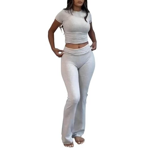 AYWA Women's 2 Piece Lounge Sets Short Sleeve Crop Top Foldover Flare Pants Casual Pajama Outfits