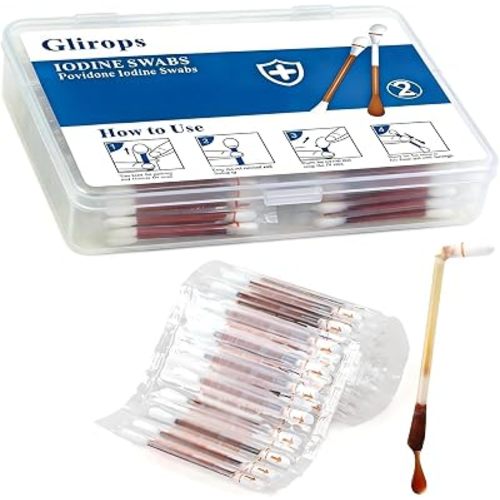 100 Sticks Povidone Iodine Swabsticks - FSA/HSA Snap-to-Activate Iodine Swabs for First Aid & Nasal Care, 10% Solution Wound Care Supplies, Individually Wrapped in Reusable Case